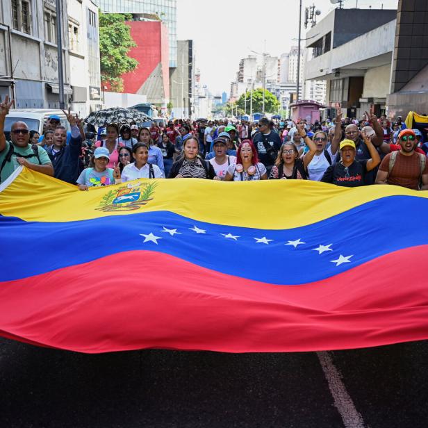 Demonstration outside the National Assembly in Caracas on the day Delcy Rodriguez was formally sworn in as Venezuela's interim president