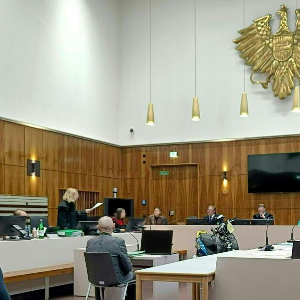 Ein Gerichtssaal mit Holzvertäfelung, goldenem Adler an der Wand und Personen bei einer Verhandlung.