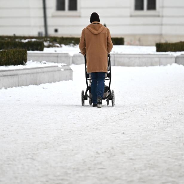 Eine Person schiebt einen Kinderwagen auf einem verschneiten Weg in einer Parkanlage.
