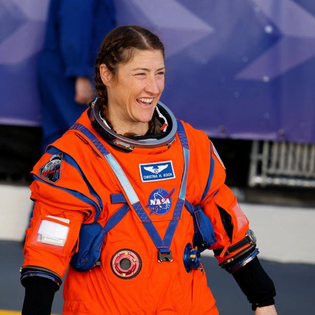 The crew of Artemis II, NASA's next-generation moon rocket, depart their quarters to take part in a countdown rehearsal, at the Kennedy Space Center in Cape Canaveral
