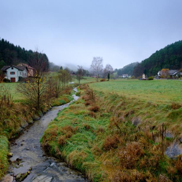 Ein schmaler Bach fließt durch eine grüne Wiese, umgeben von Häusern und bewaldeten Hügeln unter bewölktem Himmel.