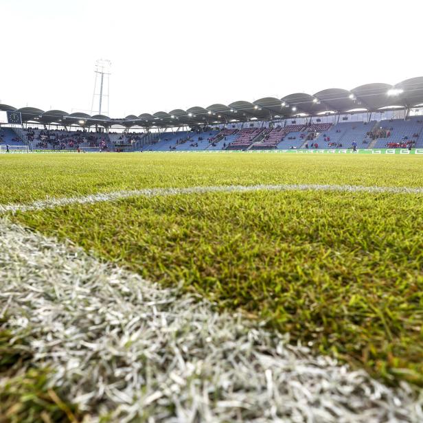 Ein Fußballfeld mit Rasen und weißen Linien vor einer Tribüne mit Zuschauern.
