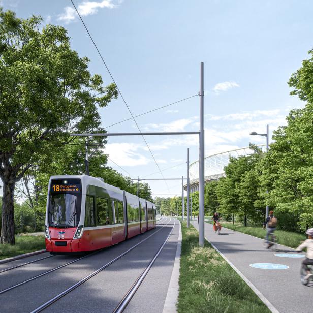 Dieses Rendering zeigt die Linie 18 auf dem Weg durch den Prater