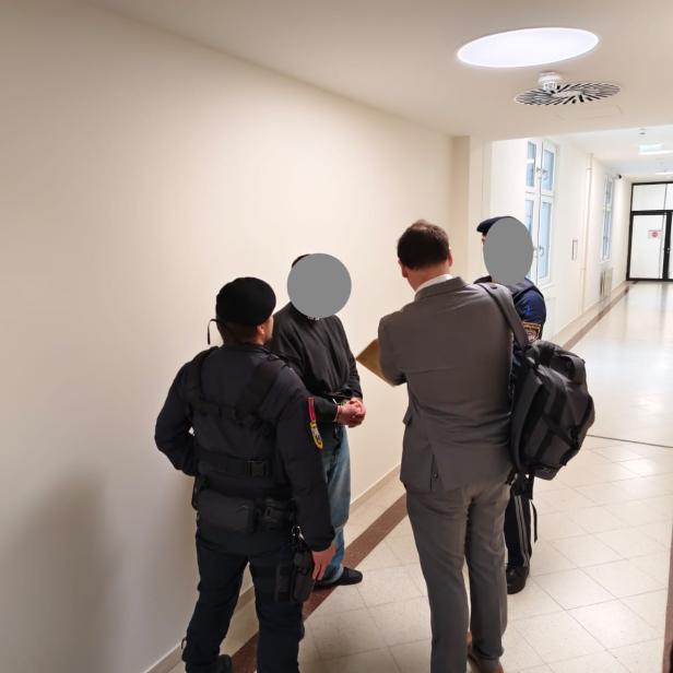 Angeklagter und Justizwachebeamte.