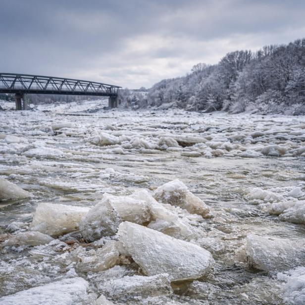 Eine Aufnahmen der von kleinen Eisschollen bedeckten Oberfläche eines Flusses. Im Hintergrund ist eine Brücke erkennbar.