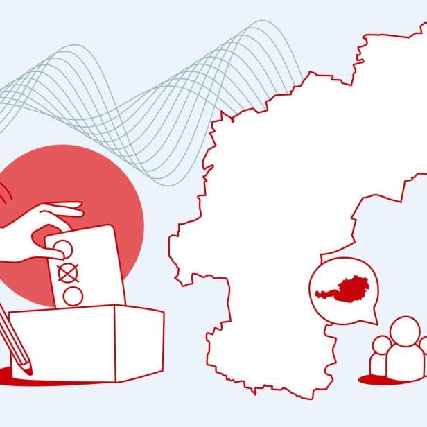 Illustration einer Wahlurne, dem Stadtgrenzen von St. Pölten und Icons von Menschen mit Sprechblasen.