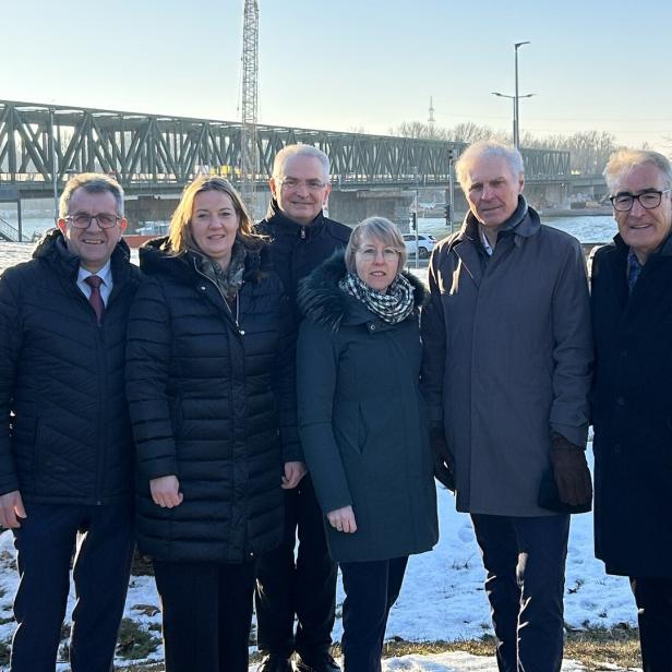 Wirtschaftskammervertreter vor der Donaubrücke
