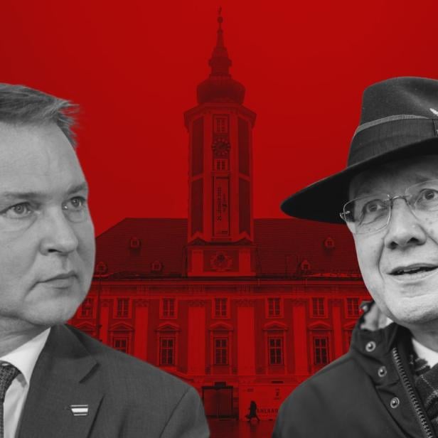 SPÖ-Chef Andreas Babler und St. Pöltens SPÖ-Bürgermeister Matthias Stadler freigestellt vor einem Bild des Rathauses von St. Pölten