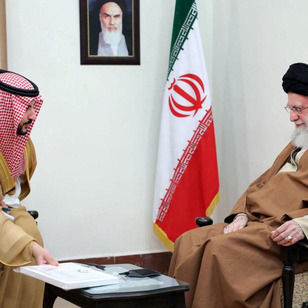 FILE PHOTO: Iran's Supreme Leader Ayatollah Ali Khamenei meets Saudi Defence Minister Prince Khalid bin Salman in Tehran