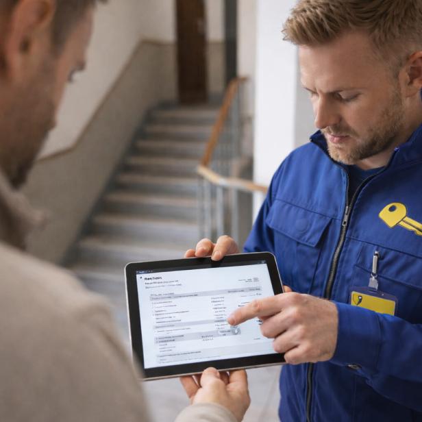 Schlüsseldienst-Mitarbeiter erklärt einem Kunden eine Rechnung auf einem Tablet im Stiegenhaus.