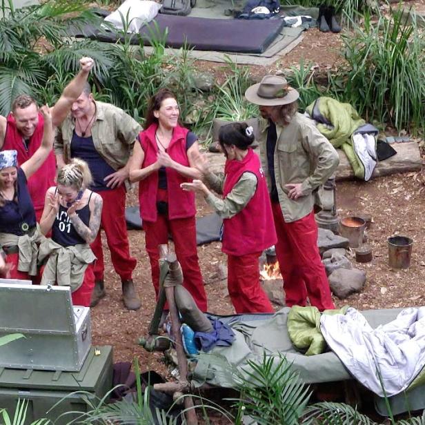 Mehrere Dschungelcamp-Teilnehmer jubeln gemeinsam im Camp zwischen Pflanzen und Schlafplätzen.