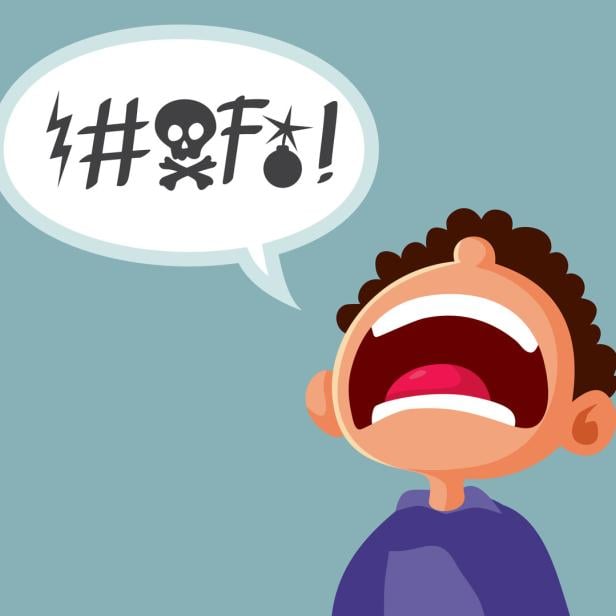 Ein Symbolbild eines Kindes, das flucht - mit einer Sprechblase mit Schimpfsymbolen.