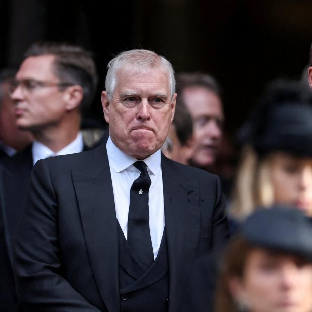 Prinz Andrew und Prinz William in dunklen Anzügen inmitten einer Menschenmenge.