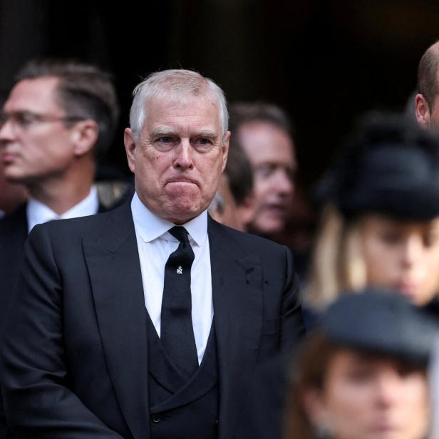 Prinz Andrew und Prinz William in dunklen Anzügen inmitten einer Menschenmenge.