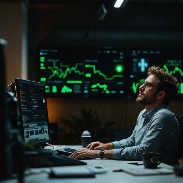 Ein Mann sitzt an einem PC und ein zweiter Mann steht im selben Raum, dahinter sind Bildschirme zu sehen, die 