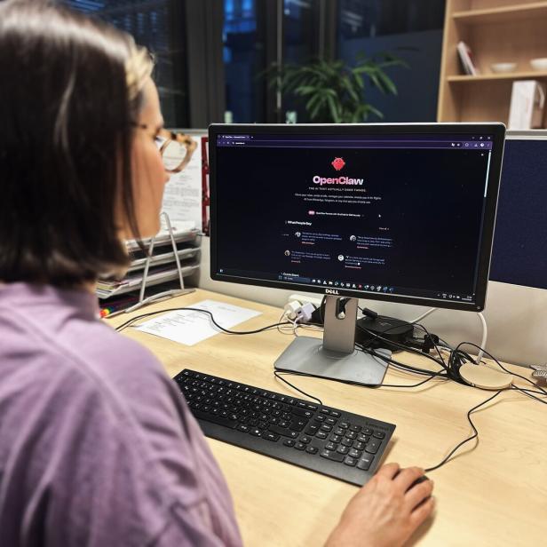 Eine Person sitzt vor einem Computer mit der OpenClaw-Webseite auf dem Bildschirm.