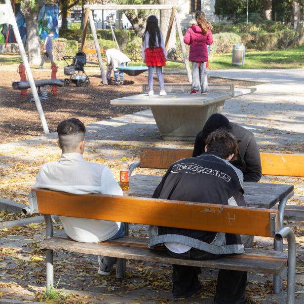 Drei Jugendliche sitzen auf einer Bank in einem Wiener Park.