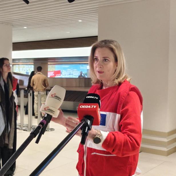 Meinl-Reisinger spricht am Flughafen-Wien