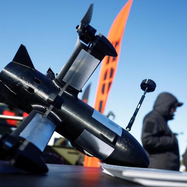 P1-Sun FPV interceptor drone is displayed at an exhibition of Ukrainian drone makers in an undisclosed location in Ukraine