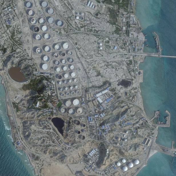 A satellite image shows an oil terminal, in Kharg Island