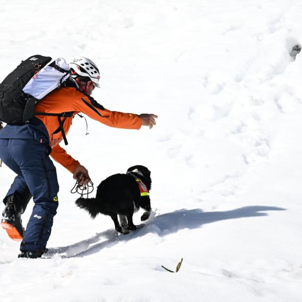 Bergretter mit Hund im Schnee