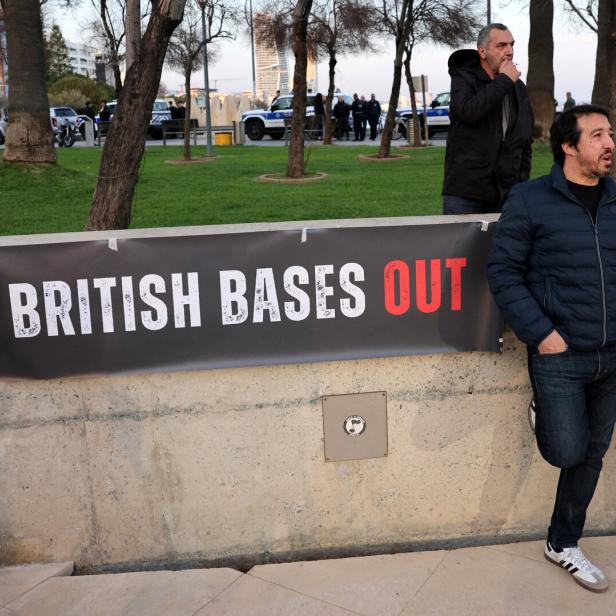 Anti-war activists in Cyprus stage a protest against U.S. and Israeli-led strikes against Iran, as well as the presence of British bases on the island, in Limassol