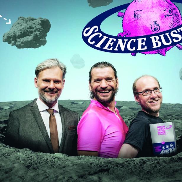 Ein Plakat zeigt drei Männer und einen Planeten