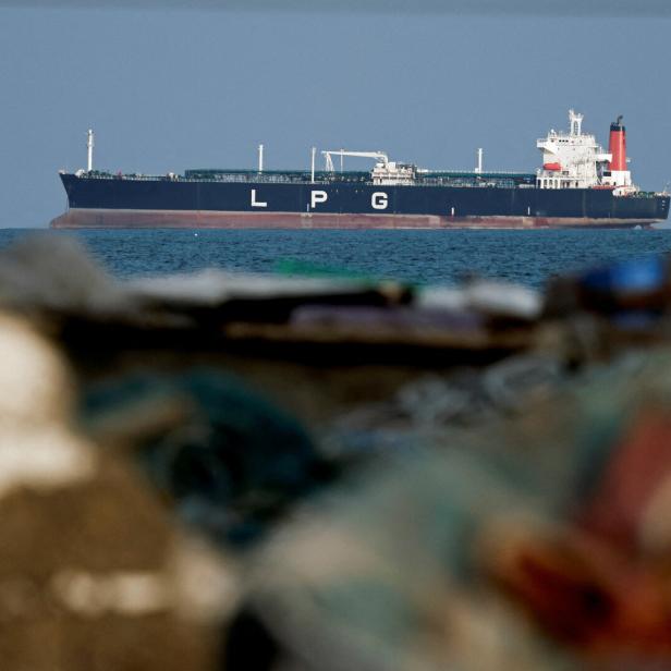 An LPG gas tanker at anchor as traffic is down in the Strait of Hormuz, in Shinas