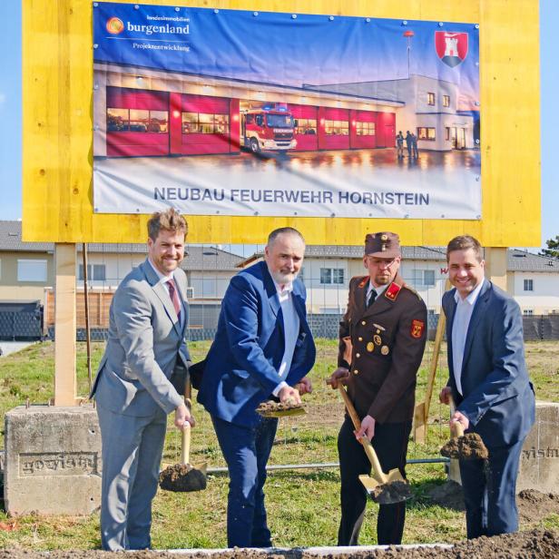 Spatenstich für den Neubau des Feuerwehrhauses mit Bürgermeister Wolf und Landeshauptmann Doskozil erfolgt