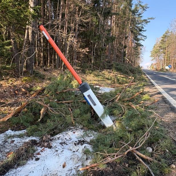 Ein beschädigter Leitpfosten steht schräg neben einer Straße, umgeben von abgebrochenen Ästen und etwas Schnee am Waldrand.