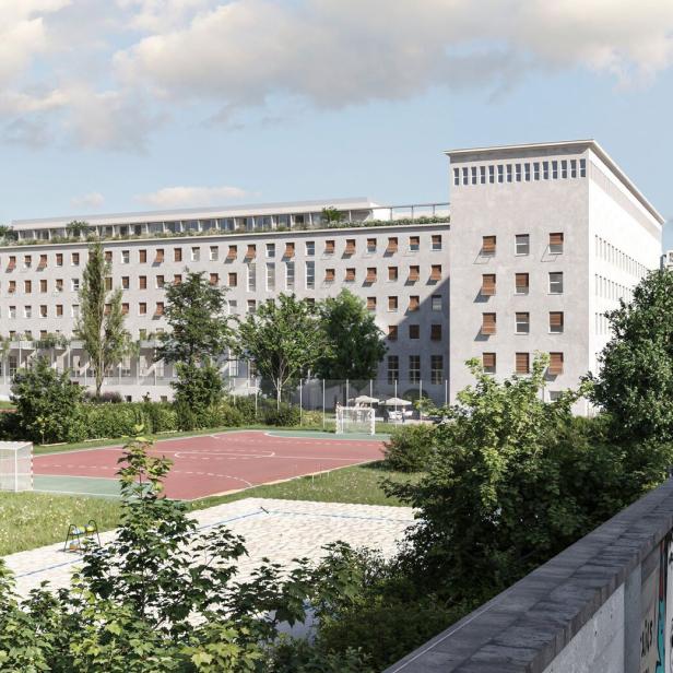 Der Blick auf das Funkhaus von der Argentinier Straße, im Vordergrund der Sportplatz des Theresianums. In grün die Umnutzung in  Wohnungen.