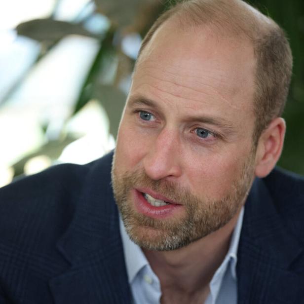 Prinz William mit Bart und blauem Sakko spricht.