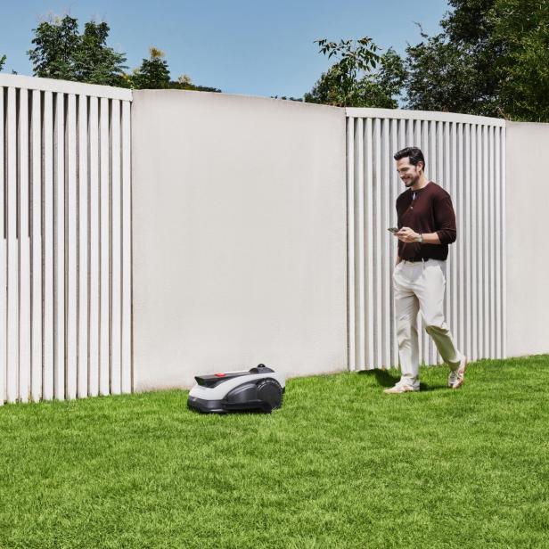 Ein Mann geht auf einer Rasenfläche neben einem Mähroboter und schaut auf sein Smartphone.