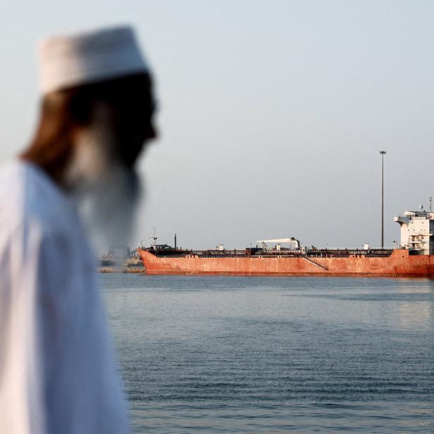 FILE PHOTO: The Callisto tanker sits anchored in Port Sultan Qaboos as the traffic is down in the Strait of Hormuz, in Muscat