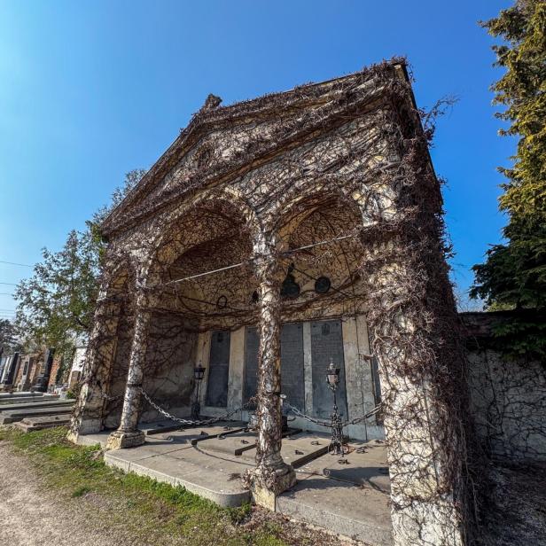 Eine mit Ranken bewachsene, alte Grabstätte mit Säulen und Ketten auf einem Friedhof unter blauem Himmel.