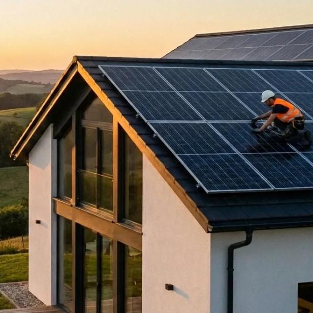 Eine Person mit Schutzkleidung reinigt Solarpaneele auf dem Dach eines modernen Hauses bei Sonnenuntergang.