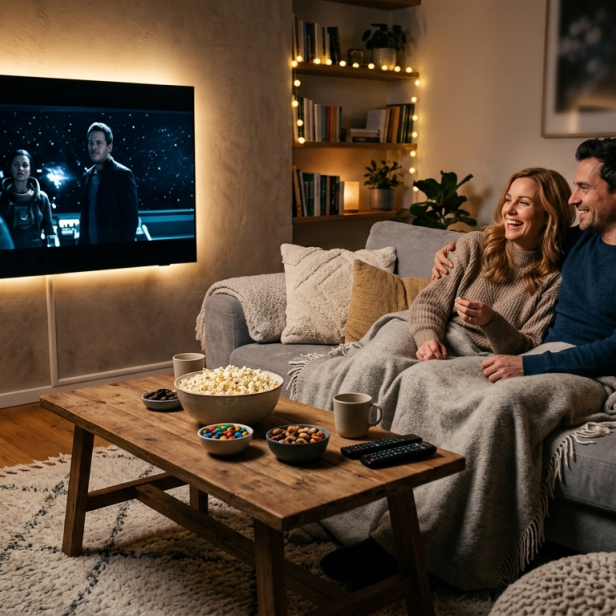 Ein Paar sitzt gemütlich auf dem Sofa, schaut einen Film und isst Snacks wie Popcorn und Süßigkeiten.