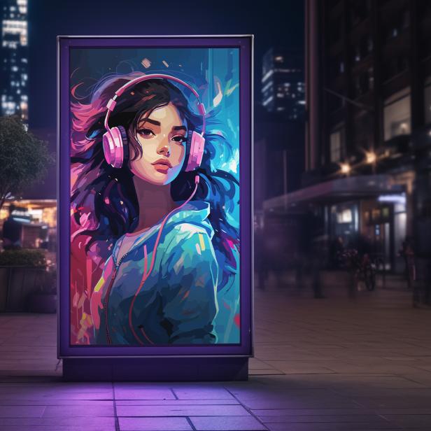 Eine Werbetafel mit dem Gesicht einer animierten Frau, die in die Kamera lächelt.