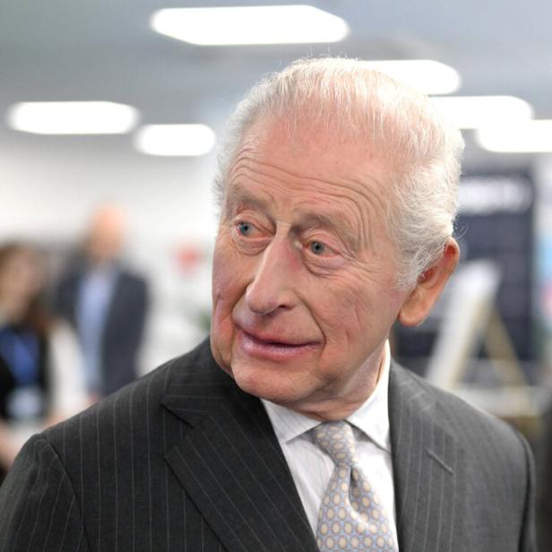 König Charles III. im dunklen Nadelstreifenanzug und gemusterter Krawatte blickt zur Seite.