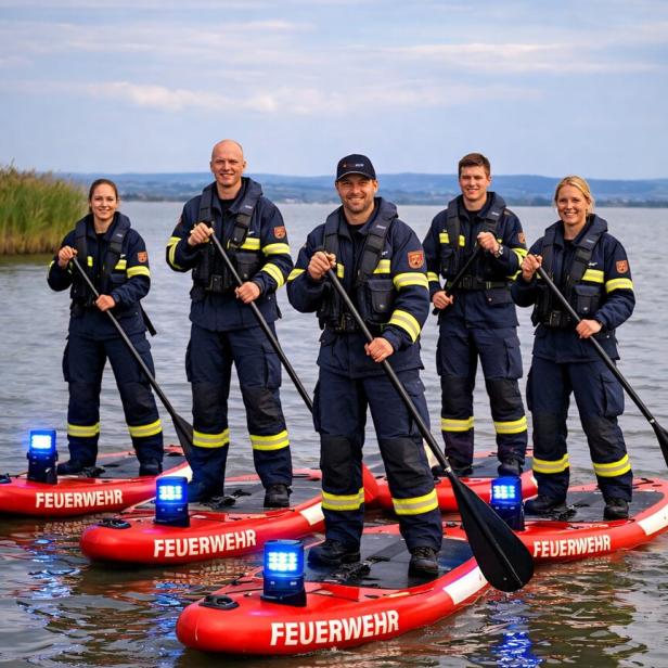 Fünf Feuerwehrleute stehen in Uniform auf roten SUP-Boards mit Blaulicht auf einem See.