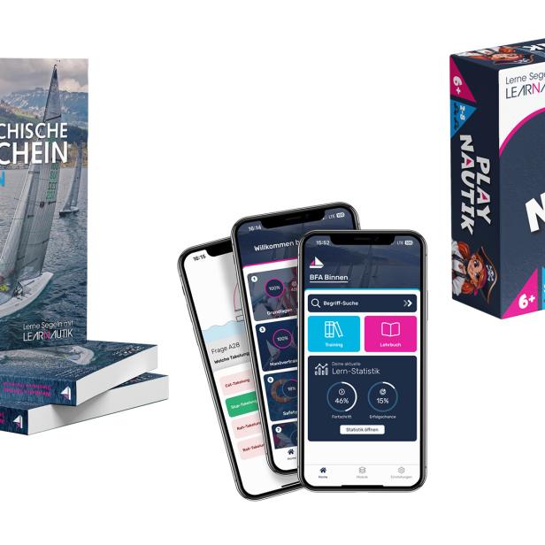Segelbuch, drei Smartphones mit Lern-App und Brettspiel „Play Nautik“ nebeneinander dargestellt.