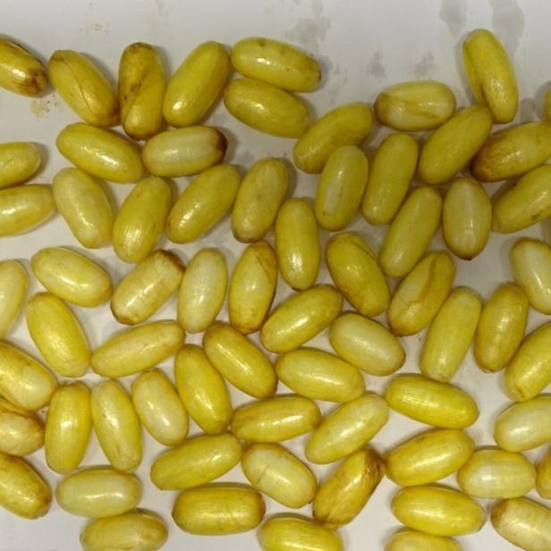 Viele gelbe, längliche Kapseln liegen auf einer hellen Oberfläche.