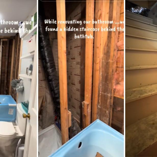 Drei Fotos zeigen ein renoviertes Bad, eine entdeckte Wandöffnung und eine versteckte Treppe.