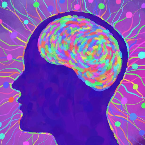 Human profile illustration. Brain, mental activity, mental activity. Brain nerves.