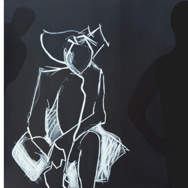 Schwarzer Hintergrund mit roten Linien, kleinen gezeichneten Gesichtern und einer weißen, skizzenhaften Figur in der Mitte.