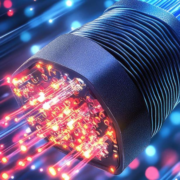 Nahaufnahme eines Glasfaserkabels mit leuchtenden Lichtimpulsen in verschiedenen Farben.