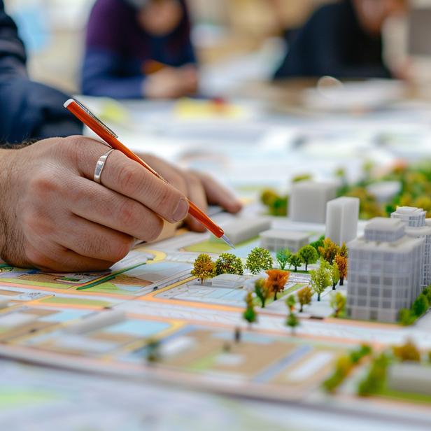 Eine Person zeichnet auf einem Modell einer Stadt.
