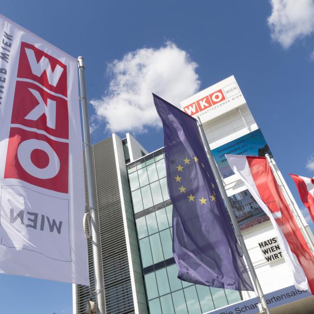 Mehrere Fahnen, darunter EU- und österreichische Flaggen, wehen vor einem modernen Gebäude mit der Aufschrift „Wirtschaftskammer Wien“.