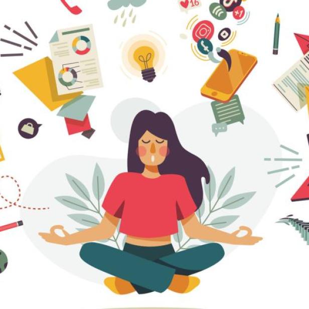 Eine Frau, um die alle ihre Aufgaben umherwirbeln 