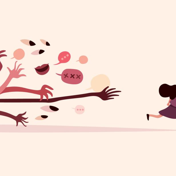 A woman is running away from profanity and sexual harassment.